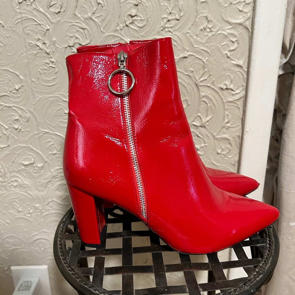 Red heeled booties with silver zipper | high heel red boots | ankle length